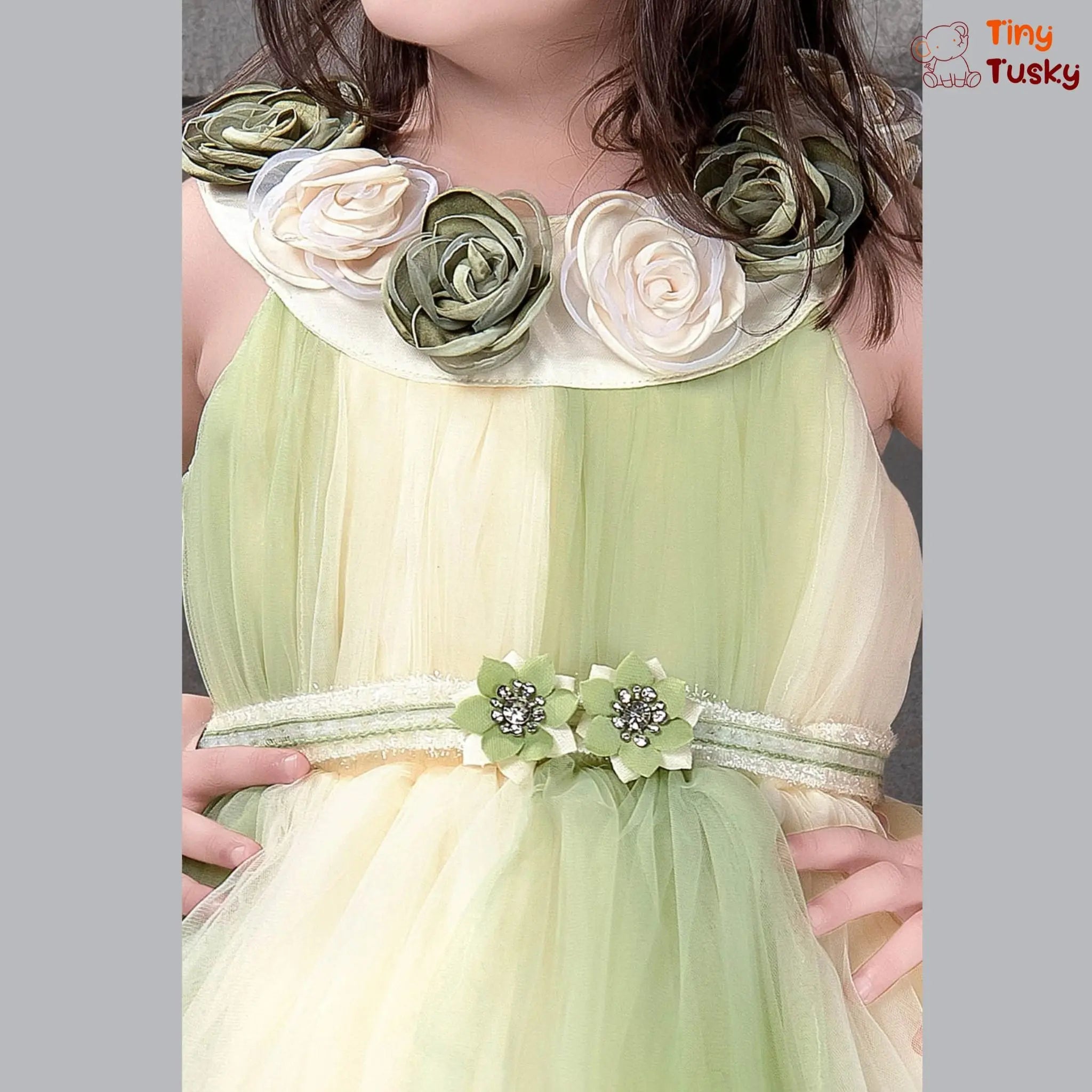 Beautiful Beige And Green Sleeveless Birthday Dress With Flower Belt Tiny Tusky General Trading FZE
