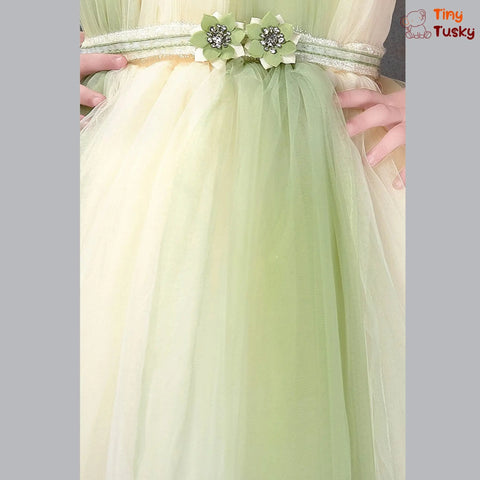 Beautiful Beige And Green Sleeveless Birthday Dress With Flower Belt Tiny Tusky General Trading FZE