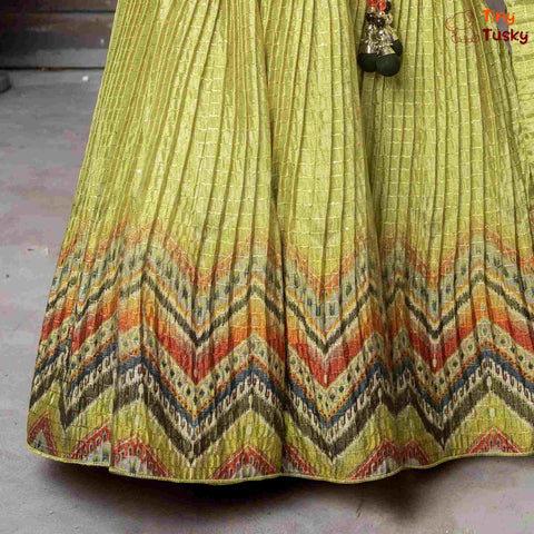 Beautiful Green Embroidered Top With Contrast Yellow Lehenga And Dupatta