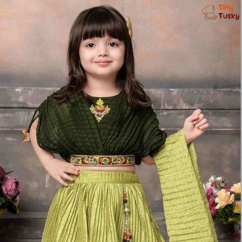 Beautiful Green Embroidered Top With Contrast Yellow Lehenga And Dupatta