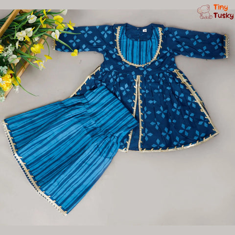 Blue Cotton Floral Printed Kurti And Sharara With Dupatta and Gotta Lace Tiny Tusky General Trading FZE