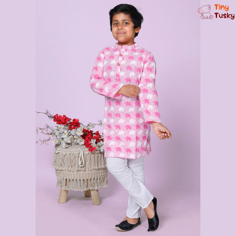 Boys Pink Cotton Elephant Kurta And White Pajama - Tiny Tusky Boys Kurta 