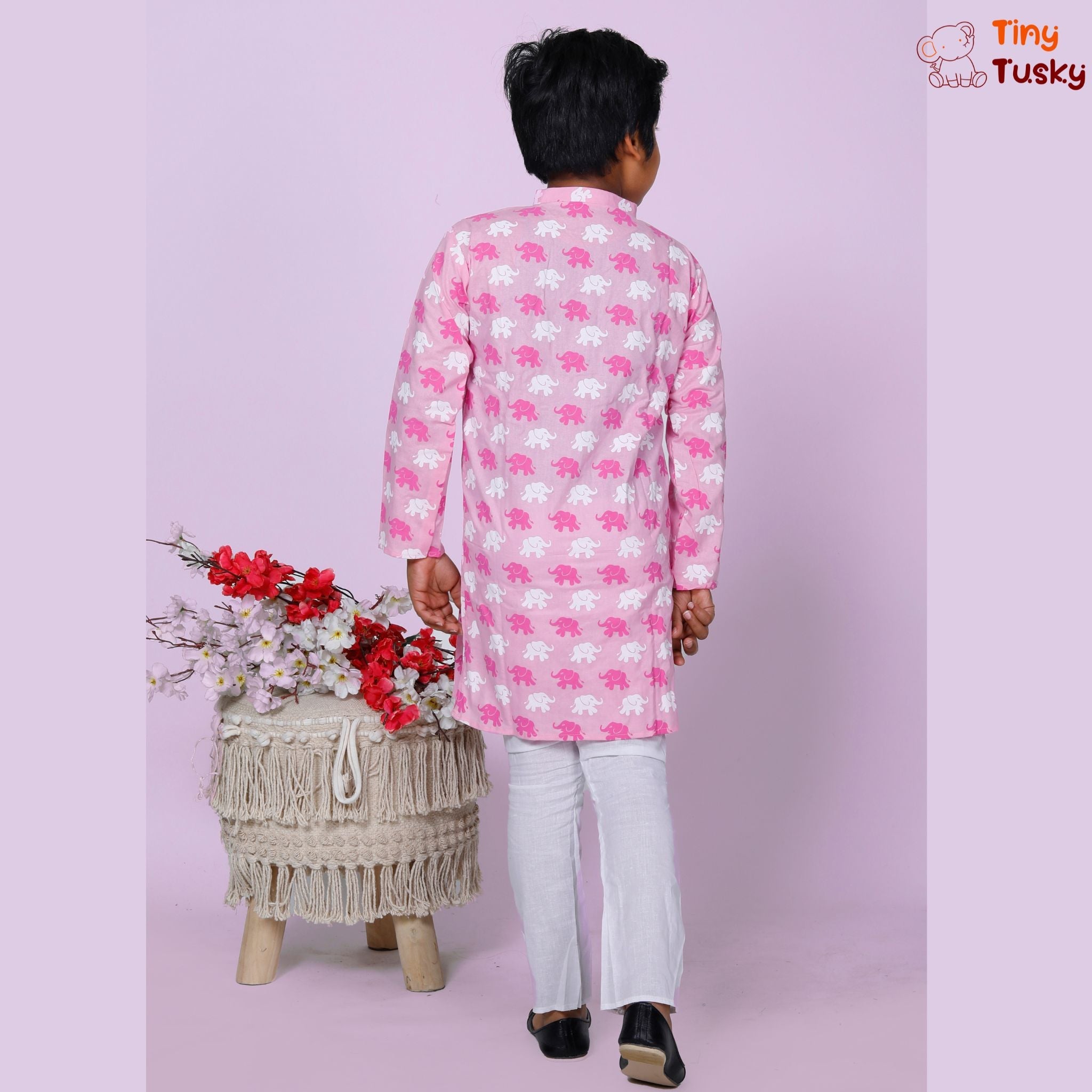 Boys Pink Cotton Elephant Kurta And White Pajama - Tiny Tusky Boys Kurta 