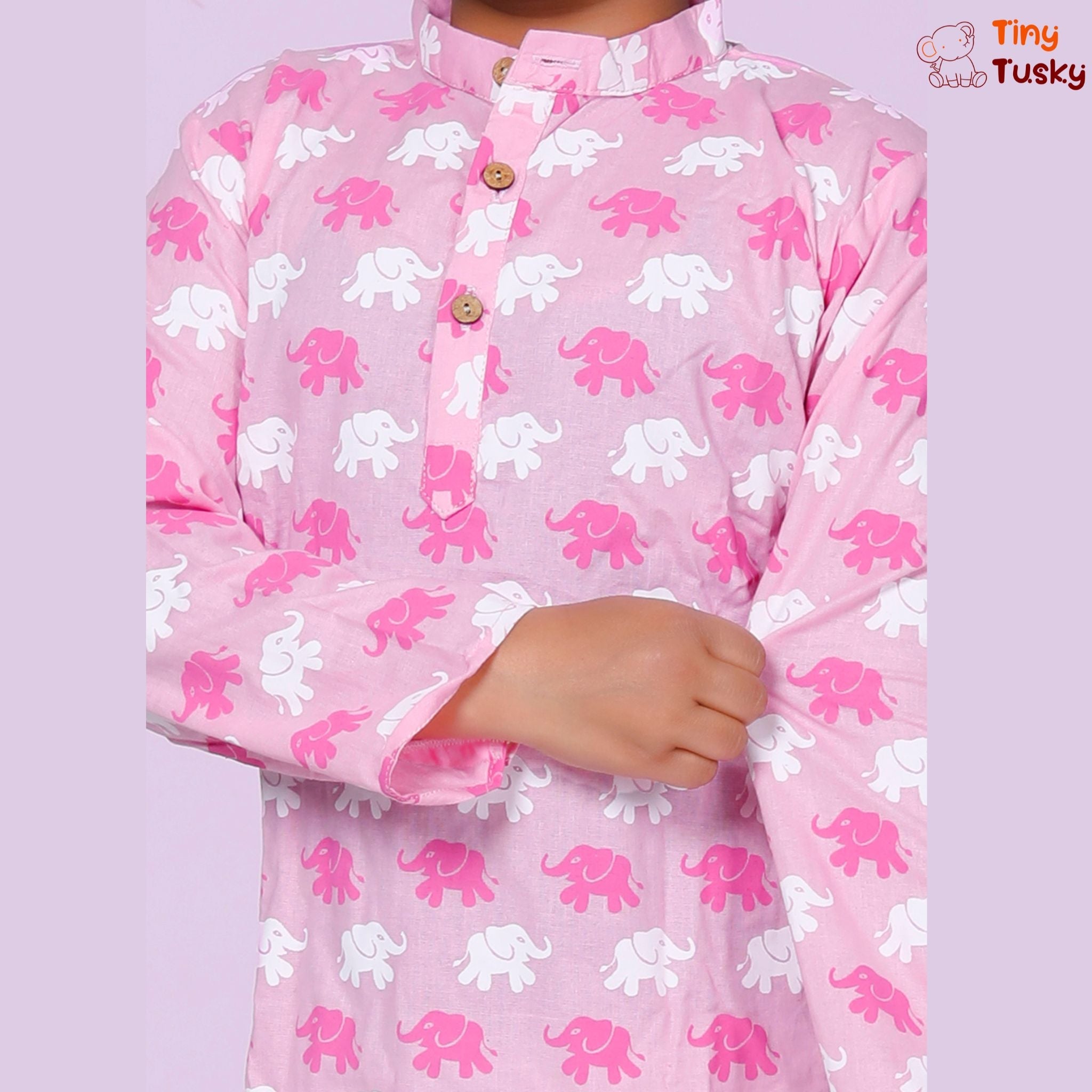 Boys Pink Cotton Elephant Kurta And White Pajama - Tiny Tusky Boys Kurta 