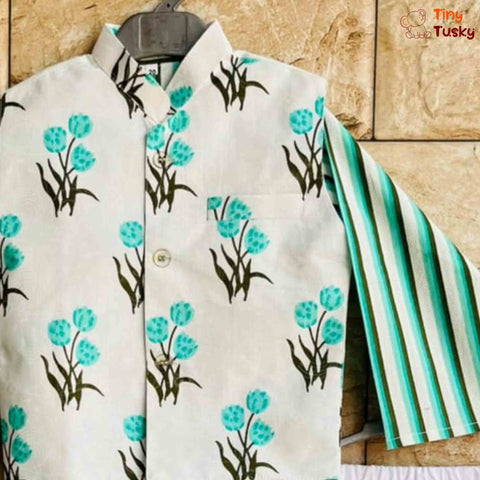 Cotton Green and Beige Boys Floral Kurta Jacket Set With Pajama