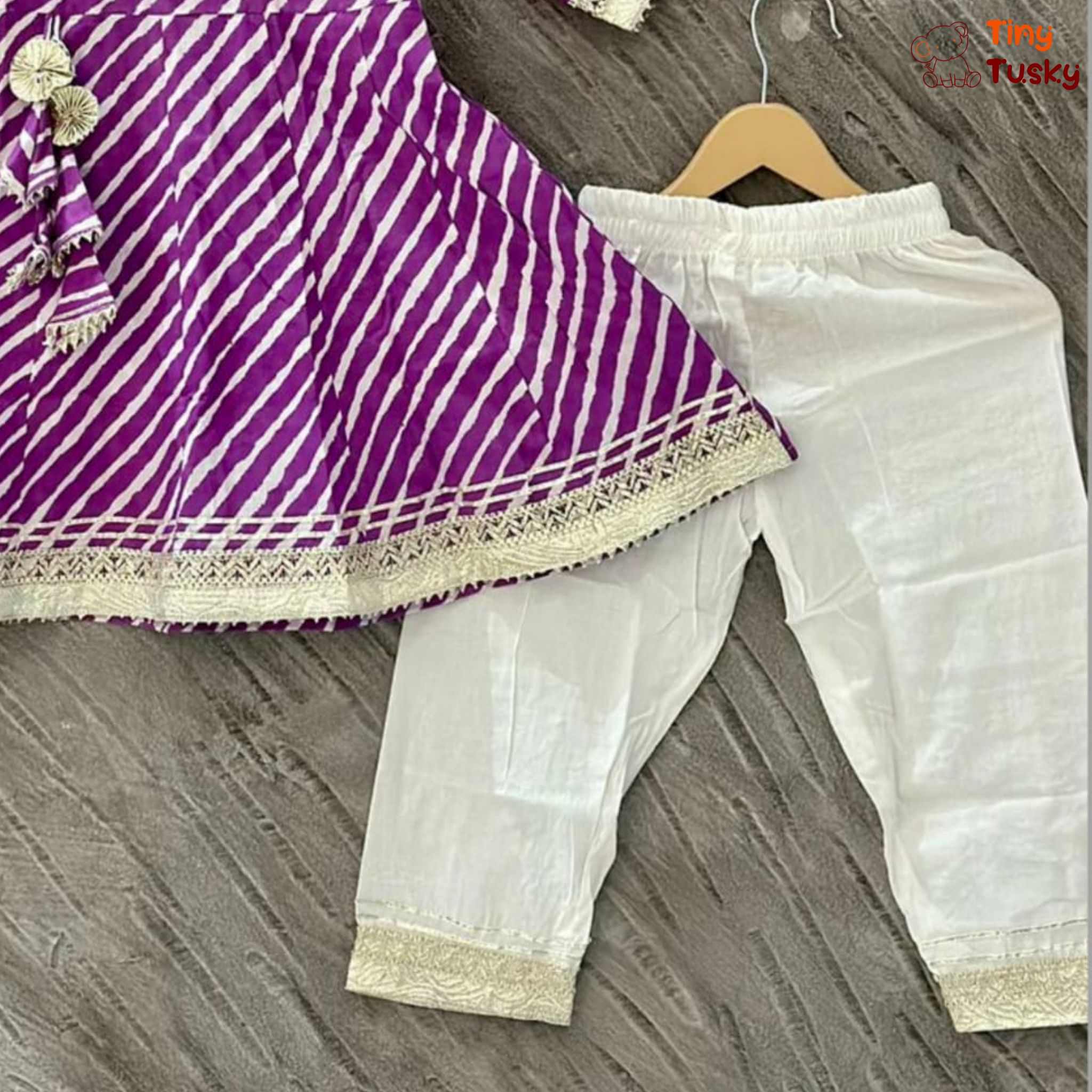 Cotton Leheriya Purple Anarkali Gota Work Kurta With Pajama