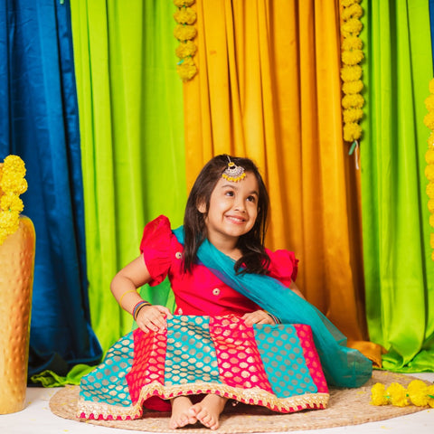 Vibrant Pink Girls Brocade Lehenga With Silk Top And Dupatta