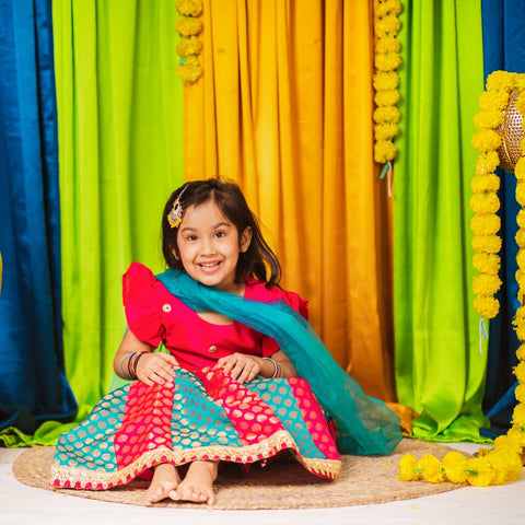 Vibrant Pink Girls Brocade Lehenga With Silk Top And Dupatta