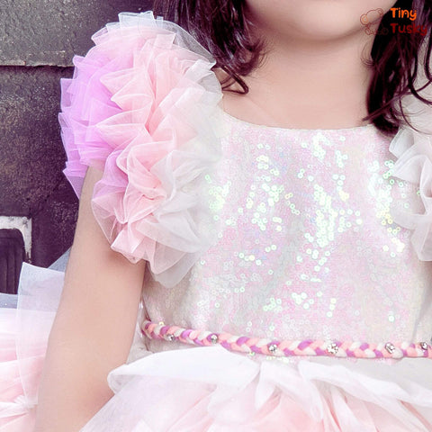 Pretty Frilled Party Dress In Unicorn Colors And Sequins Work