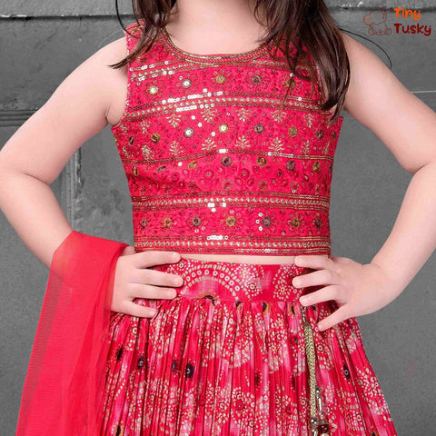 Red Festive Lehenga Top And Dupatta With Embroidery And Faux Mirror Work