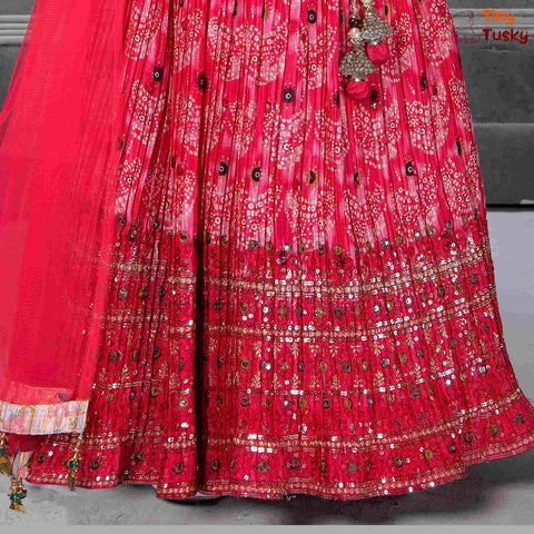 Red Festive Lehenga Top And Dupatta With Embroidery And Faux Mirror Work