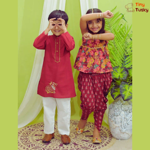 Red Kurta With Nandi Motive And Pajama - Tiny Tusky Boys Kurta 
