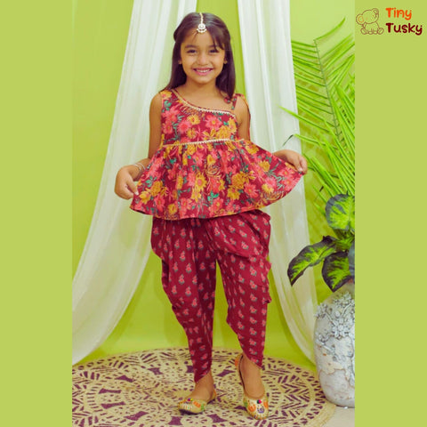 Red One Shoulder Top With Stylish Dhoti - Tiny Tusky Dhoti & Patiyala 