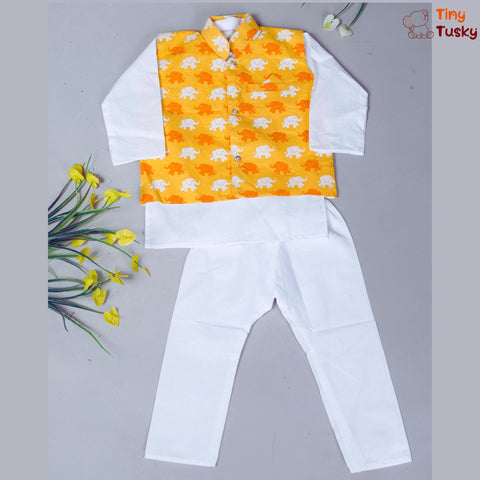 Stylish Yellow Elephant Print Jacket With White Kurta And Pajama - Tiny Tusky Kurta Jacket Set 