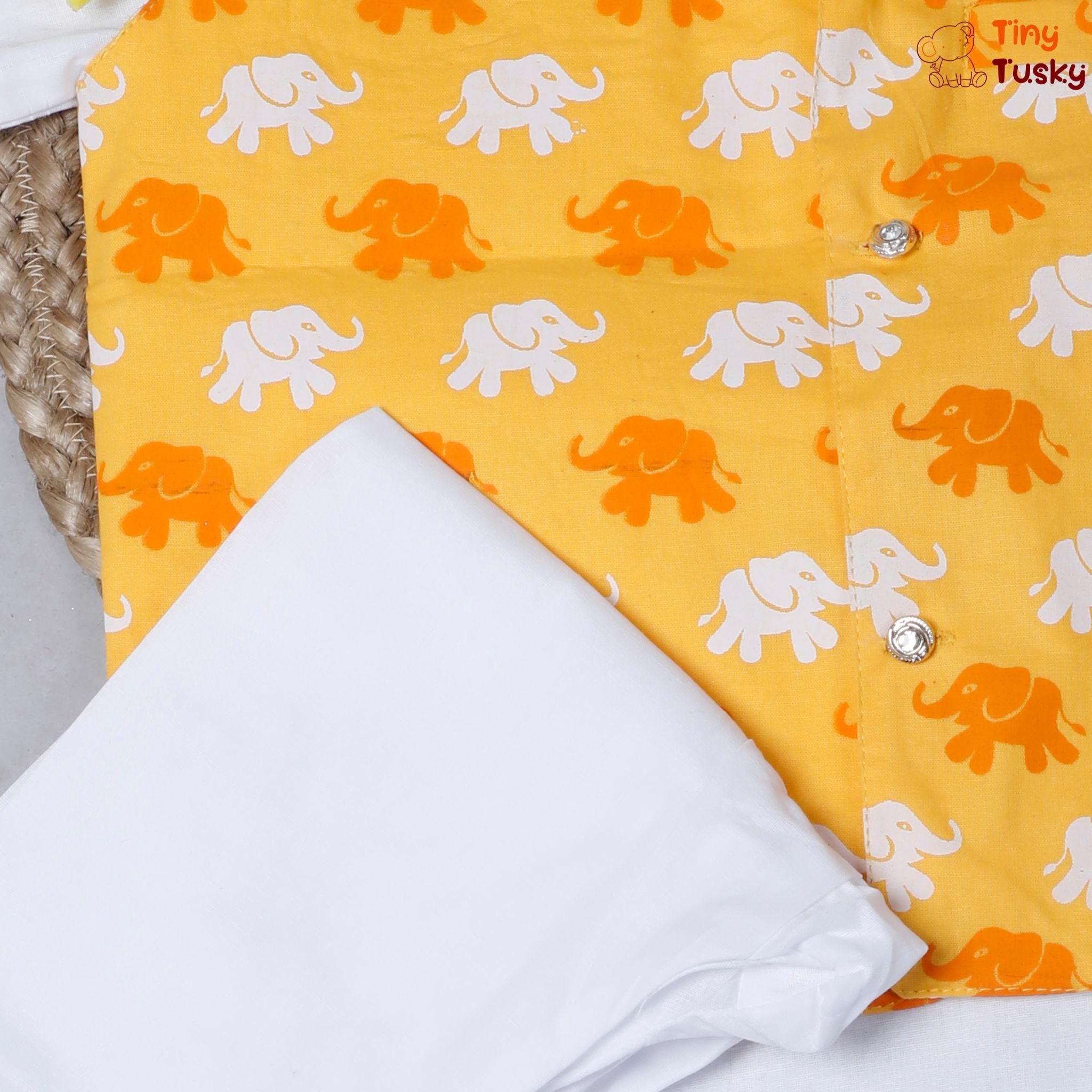 Stylish Yellow Elephant Print Jacket With White Kurta And Pajama - Tiny Tusky Kurta Jacket Set 