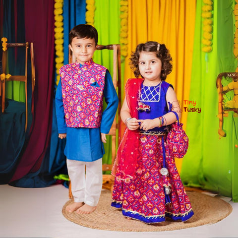 Festive Blue Pink Silk Blend Bandhani Boys Kurta with Gotta Embroidery