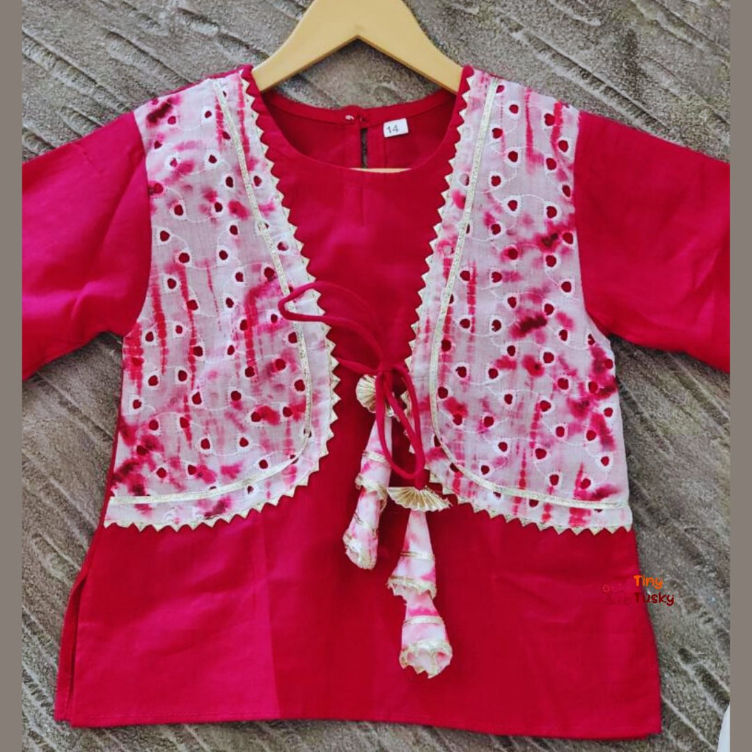 Trendy Pink Tie And Dye Kurta With Attached Jacket And Afghani Salwar