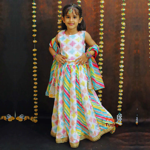 Elegant Multicolor Girl's Lehenga With Sleeveless Top And Dupatta - Tiny Tusky Lehenga 