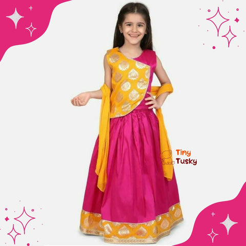 Pretty Magenta Foil Print Girls Lehenga Top With Dupatta - Tiny Tusky Lehenga 