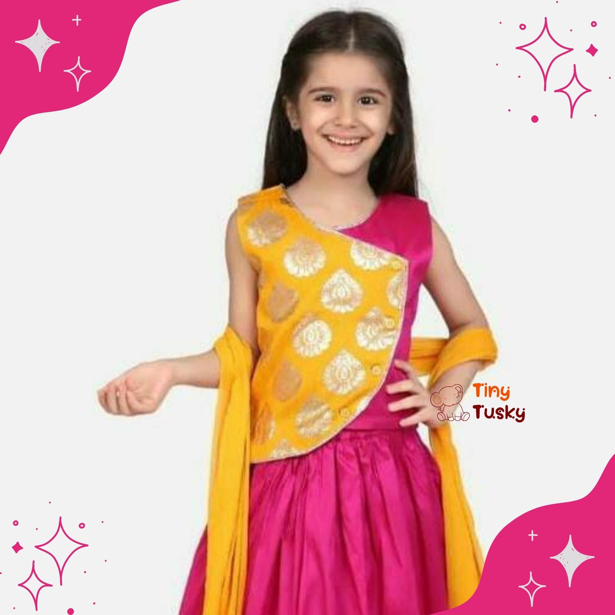 Pretty Magenta Foil Print Girls Lehenga Top With Dupatta - Tiny Tusky Lehenga 