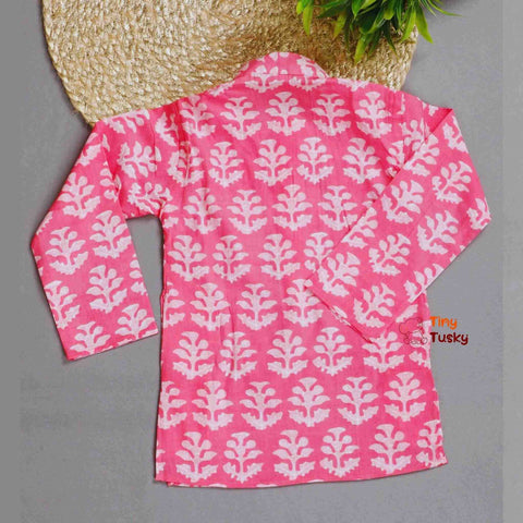 Pink Handloom Print Boys Cotton Kurta With Pajama - Tiny Tusky Boys Kurta 