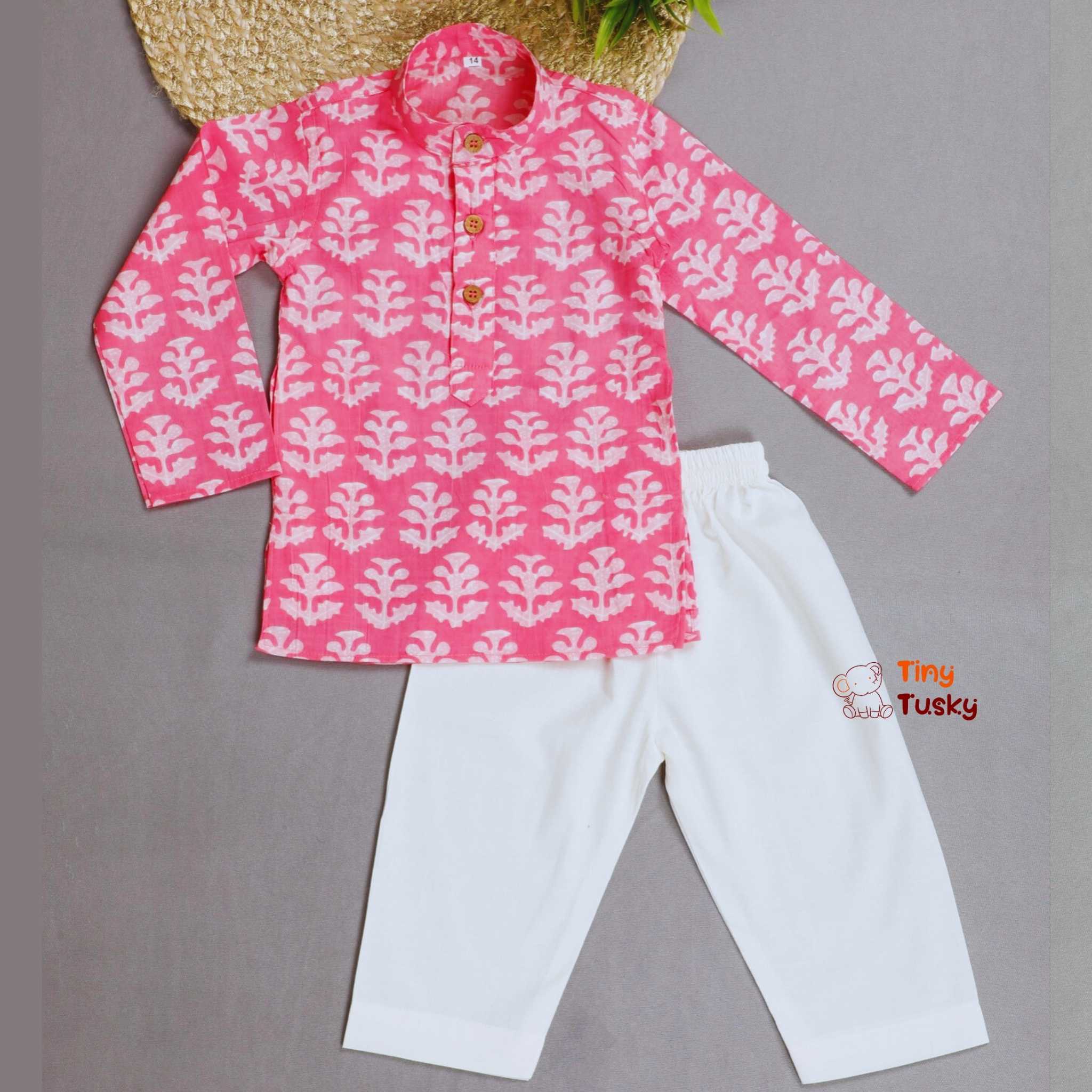Pink Handloom Print Boys Cotton Kurta With Pajama - Tiny Tusky Boys Kurta 