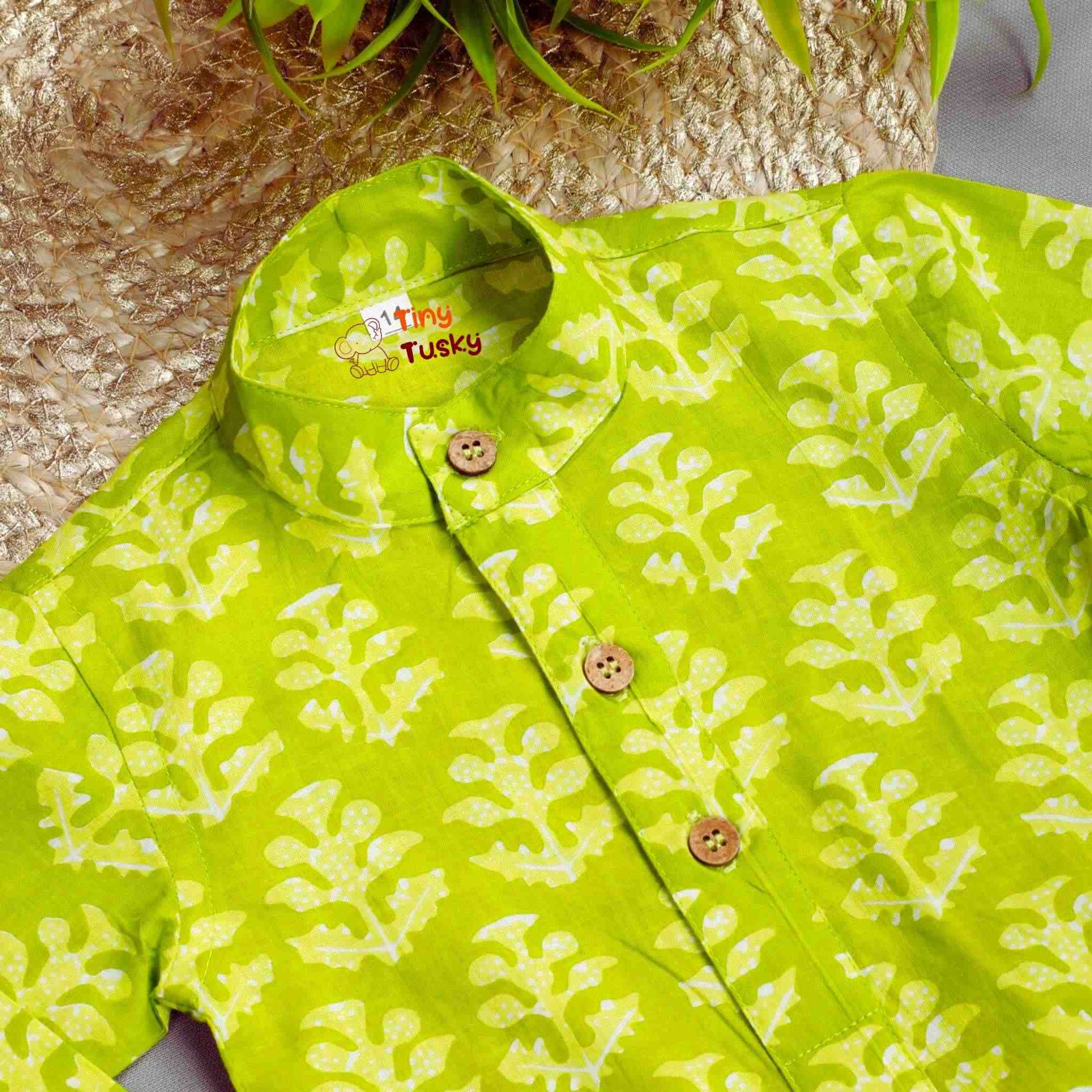 Green Handloom Print Boys Cotton Kurta With Pajama - Tiny Tusky Boys Kurta 