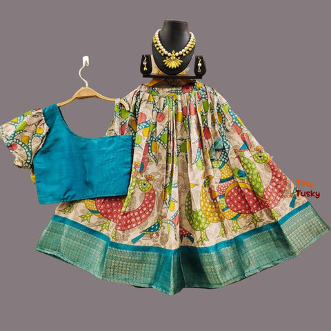 Girls Foil Work Lehenga With Zari Weaving Border And One Shoulder Top - Tiny Tusky Lehenga 