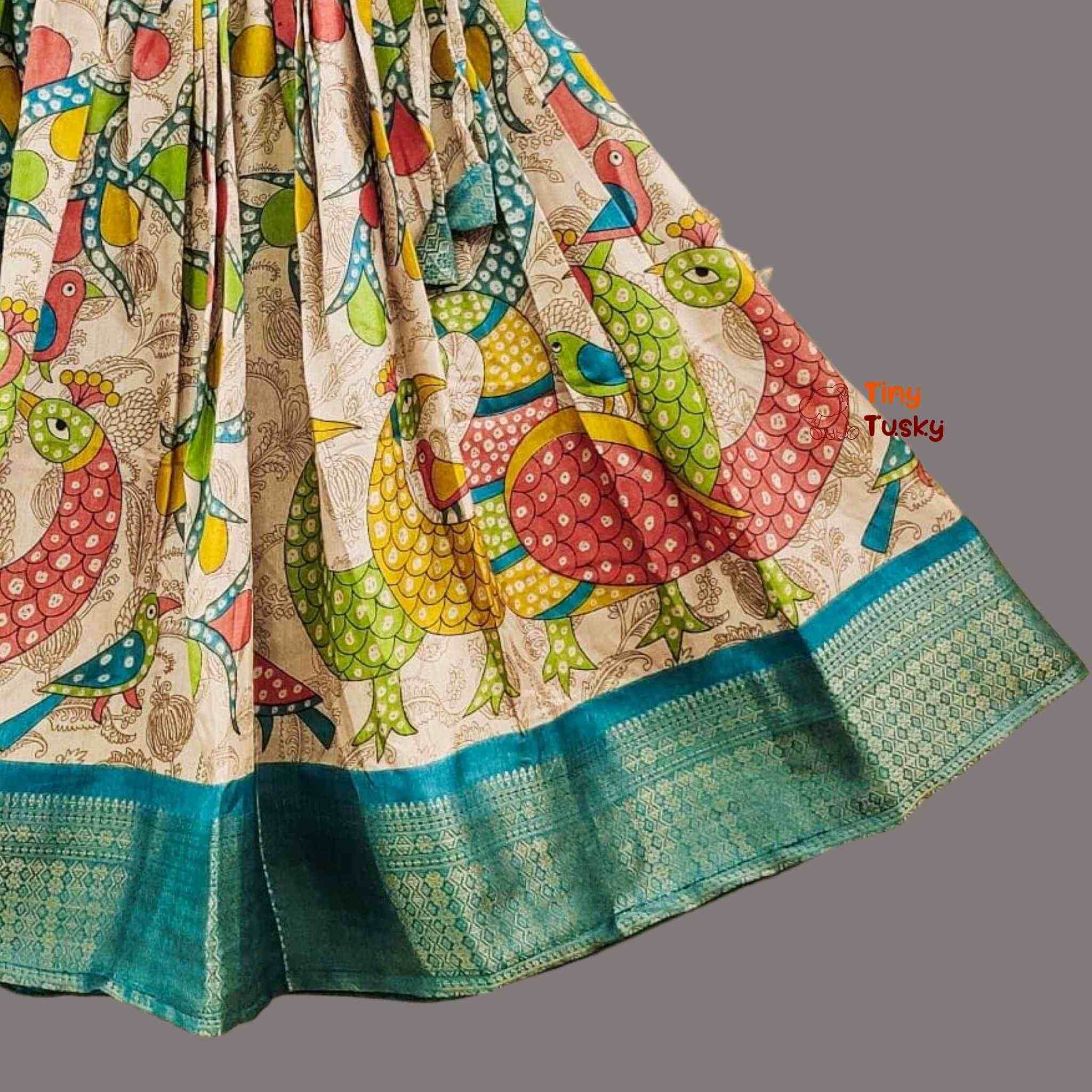 Girls Foil Work Lehenga With Zari Weaving Border And One Shoulder Top - Tiny Tusky Lehenga 