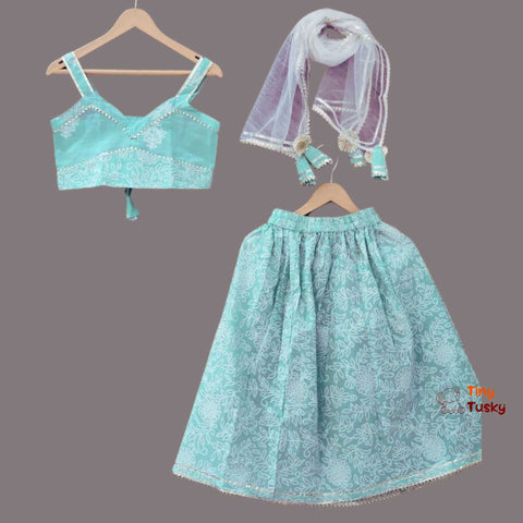 Elegant Sea Green Girls Lehenga Set With Net Dupatta And Gotta Lace Work - Tiny Tusky Lehenga 