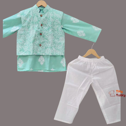 Elegant Sea Green Khadi Print Boys Kurta Jacket With Pajama - Tiny Tusky Kurta Jacket Set 