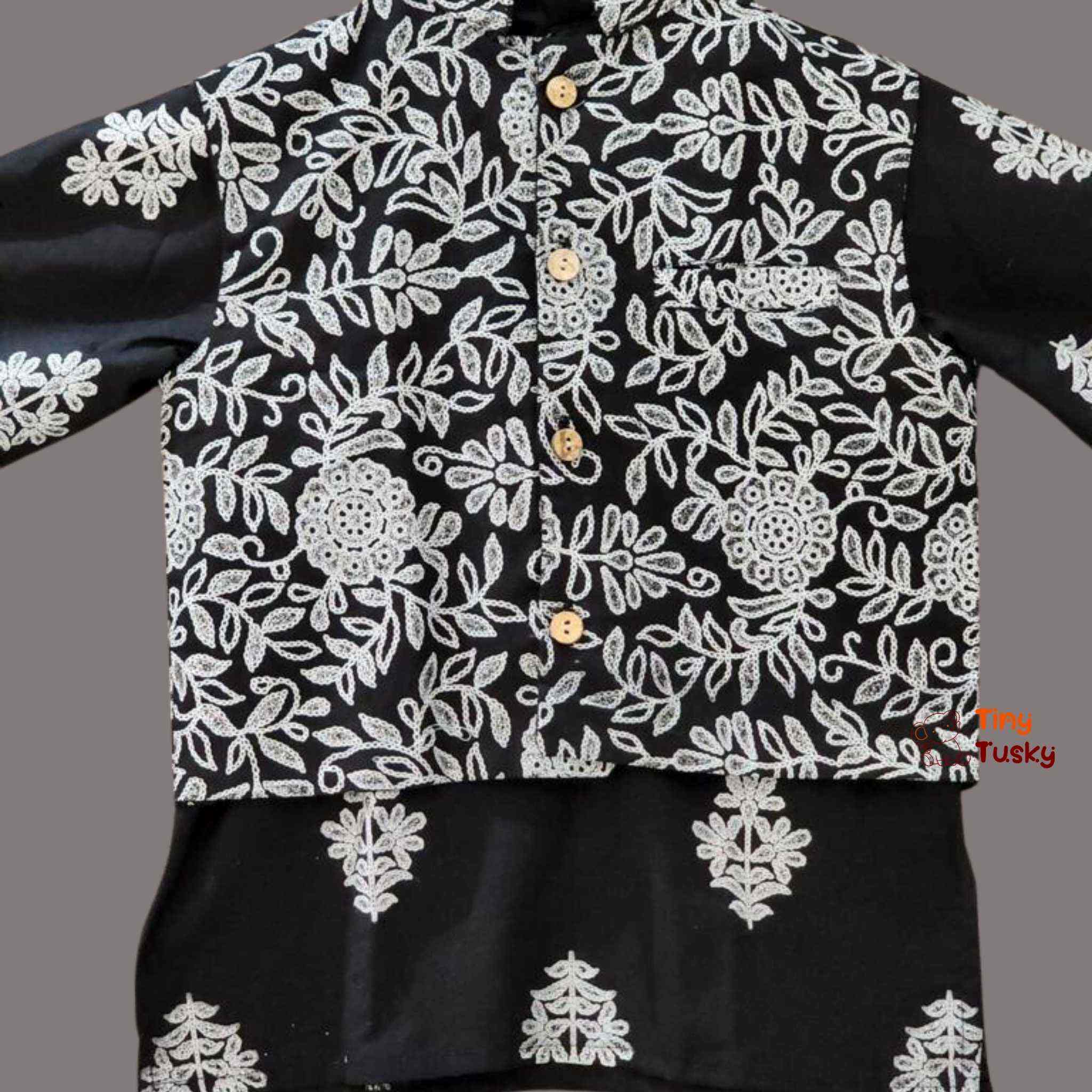 Stylish Black Khadi Print Boys Jacket And Kurta Set - Tiny Tusky Kurta Jacket Set 