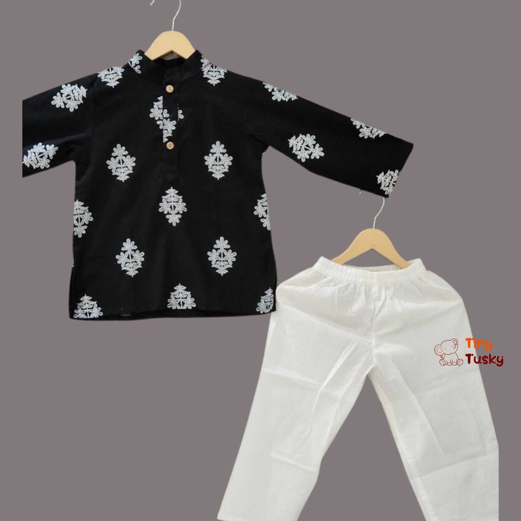 Stylish Black Khadi Print Boys Jacket And Kurta Set - Tiny Tusky Kurta Jacket Set 