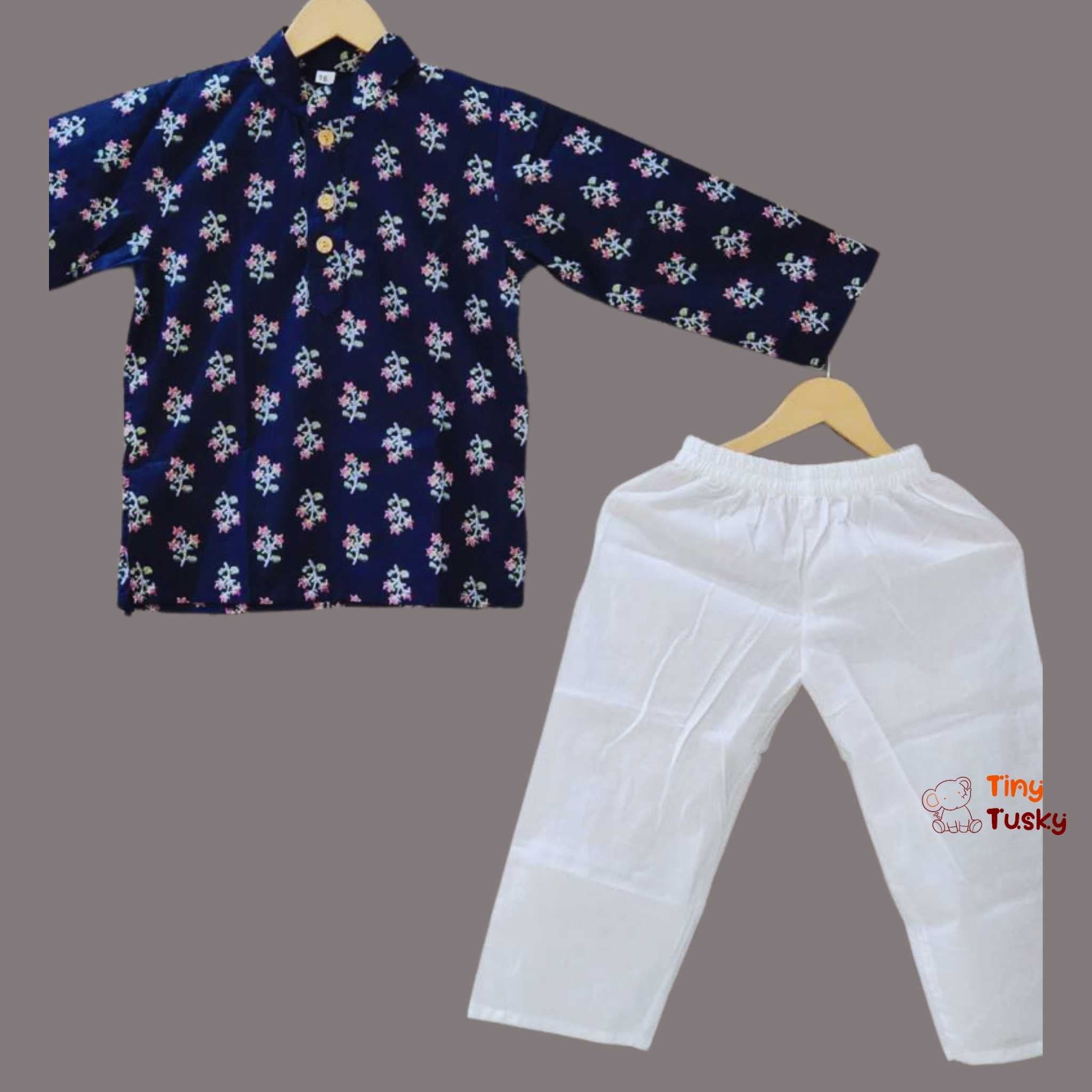 Blue Cotton Floral Print Boys Kurta White Pajama - Tiny Tusky Boys Kurta 