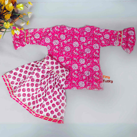 Printed Cotton Pink Girls Kurti With Sharara Pants
