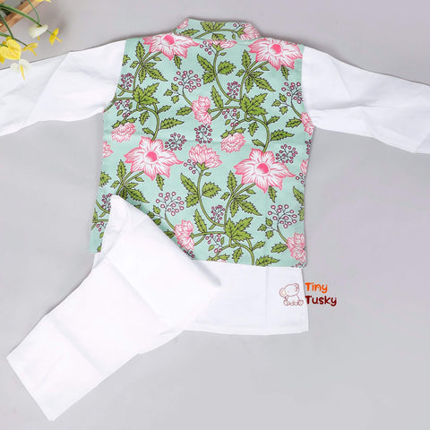 Cotton Floral Green Printed Boys Jacket With White Kurta Pajama