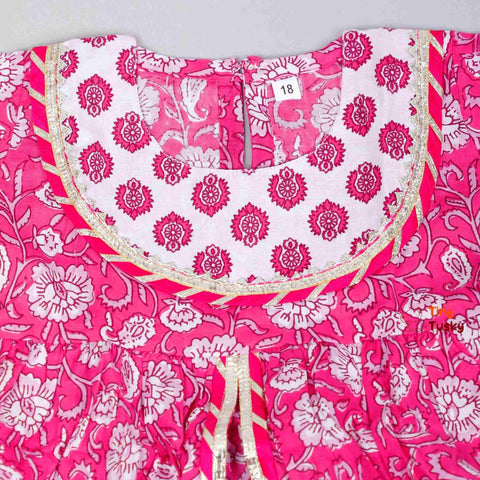 Floral Printed Lace Detailed Girls Pink Kurti And Sharara Set