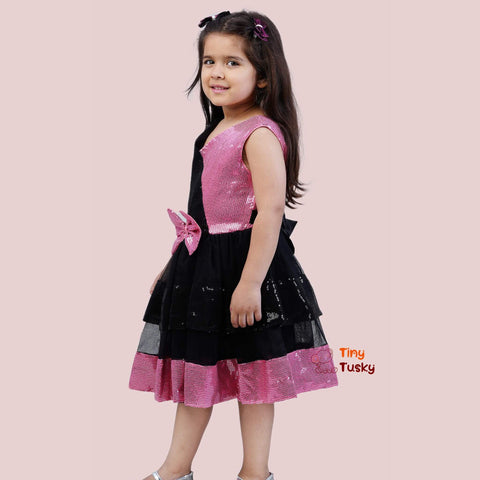 Tiny Tusky All-Over Sequin Girls Party Dress in Black and Pink