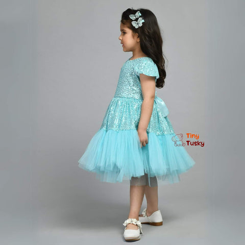 Satin Round Neck Party Wear Fit And Flair Solid Sleeveless Girls Dress In Sky Blue