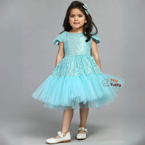 Satin Round Neck Party Wear Fit And Flair Solid Sleeveless Girls Dress In Sky Blue
