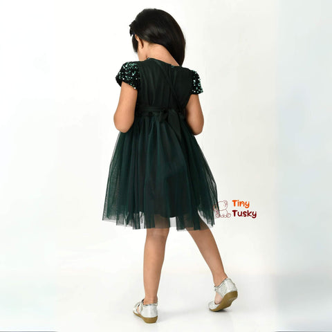 Dark Green & Black Sequined Tulle Fit & Flare Dress With Sling Bag
