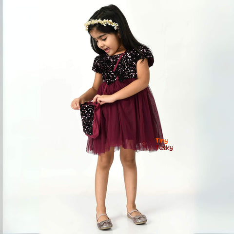 Maroon Sequined Net Fit & Flare Toddler Girls Party Dress