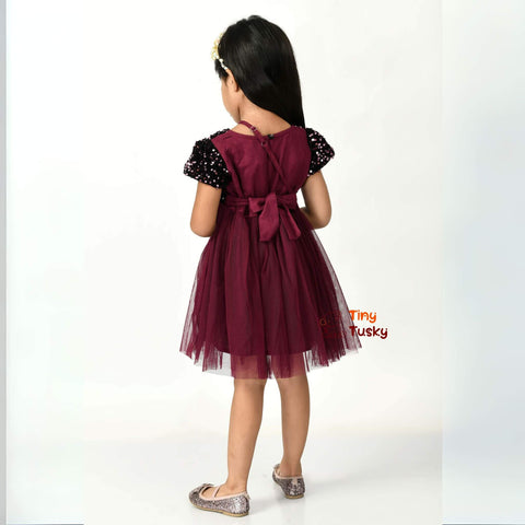 Maroon Sequined Net Fit & Flare Toddler Girls Party Dress