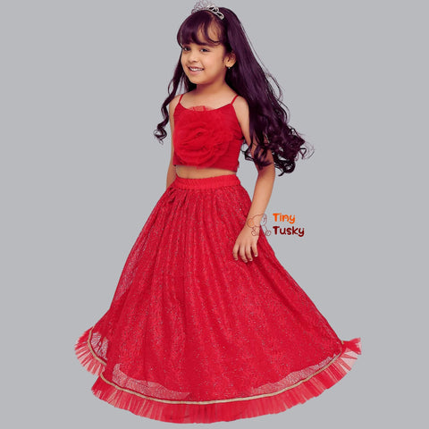Red Skirt with 3D Rose Spaghetti Top for Toddler Girls