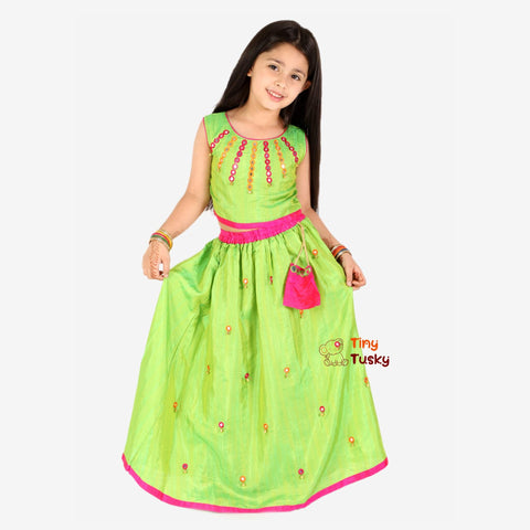 Gorgeous Green Silk Lehenga Top With Mirror Bells for Girls