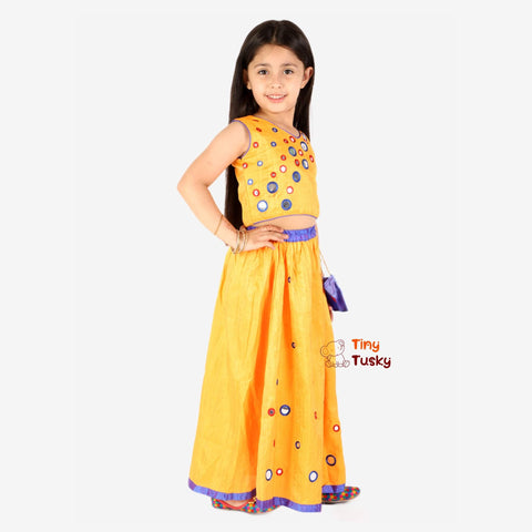 Shimmery Silk Yellow Lehenga Choli for Girls with Mirror Details