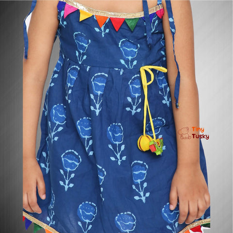 Little Girl Dresses: Blue Cotton Pom Pom Dress