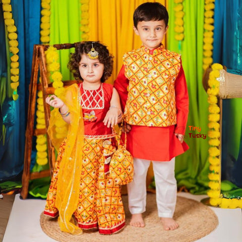 Festive Yellow Red Silk Blend Bandhani Boys Kurta with Gotta Embroidery