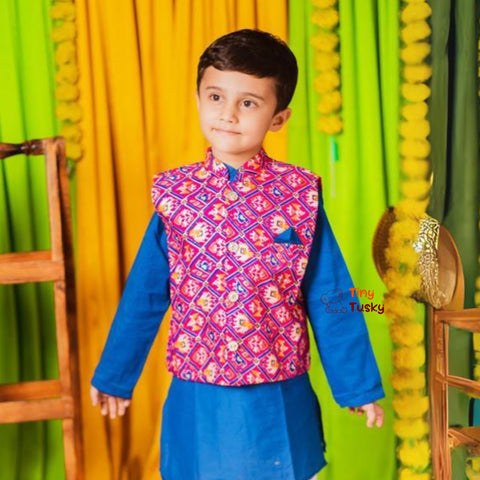 Festive Blue Pink Silk Blend Bandhani Boys Kurta with Gotta Embroidery