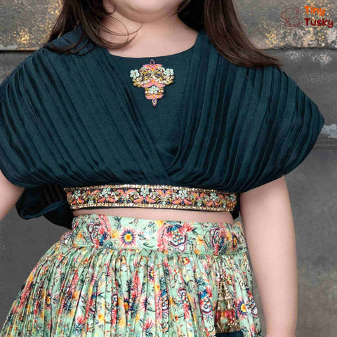 Vibrant Green Short Ethnic Skirt With Embroidered Cross Fall Shoulder Top